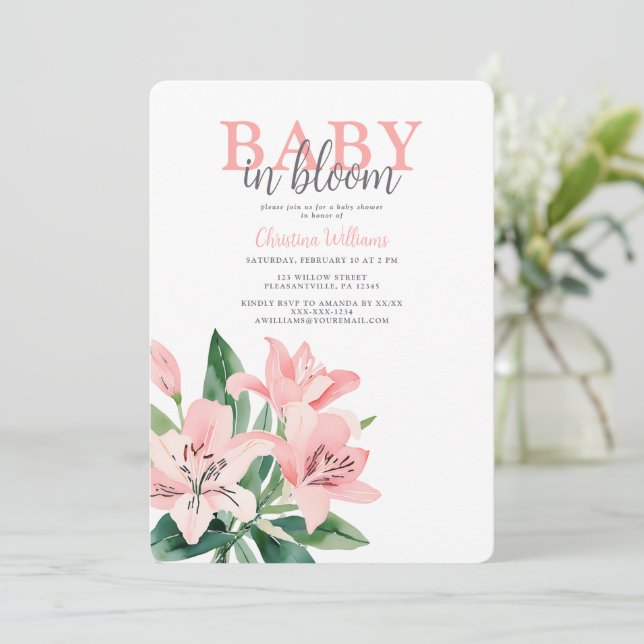 Invitation Bébé rose en fleur Baby shower fille (Debout devant)