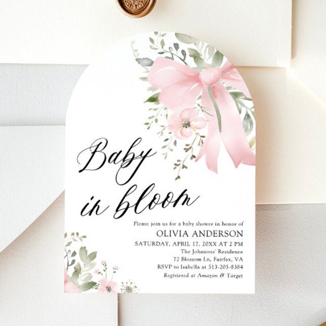 Invitation Bébé rose en fleur Baby shower floral Arch (Watercolor Pink Bow Baby in Bloom Floral Girl Arch Baby Shower Invitation)