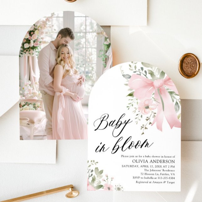 Invitation Bébé rose en fleur Baby shower floral Arch (Watercolor Pink Bow Baby in Bloom Floral Girl Arch Baby Shower Invitation)
