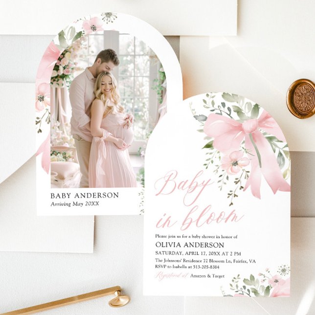 Invitation Bébé rose en fleur Baby shower floral fille (Pink Bow Floral Baby in Bloom Girl Baby Shower Arched Invitation)