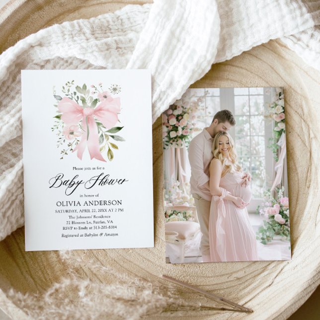 Invitation Bébé rose en fleur Baby shower floral fille (Blush Pink Bow Floral Girl Baby Shower Invitation)