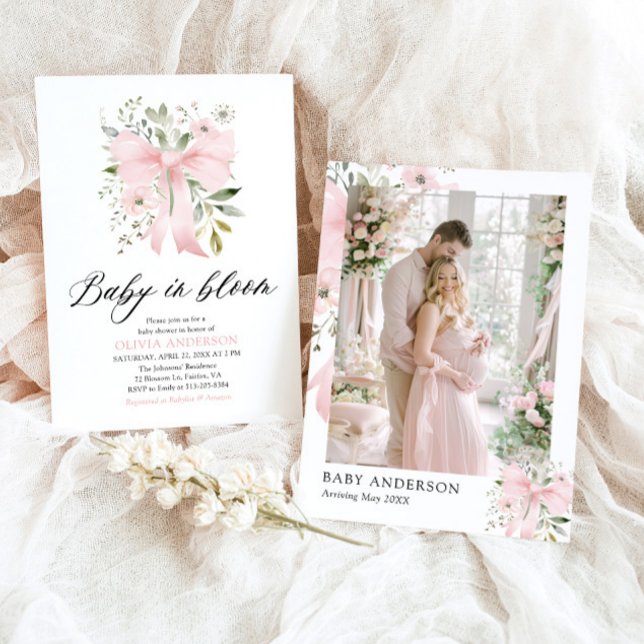 Invitation Bébé rose en fleur Baby shower floral fille (Blush Pink Bow Floral Baby in Bloom Girl Baby Shower Invitation)