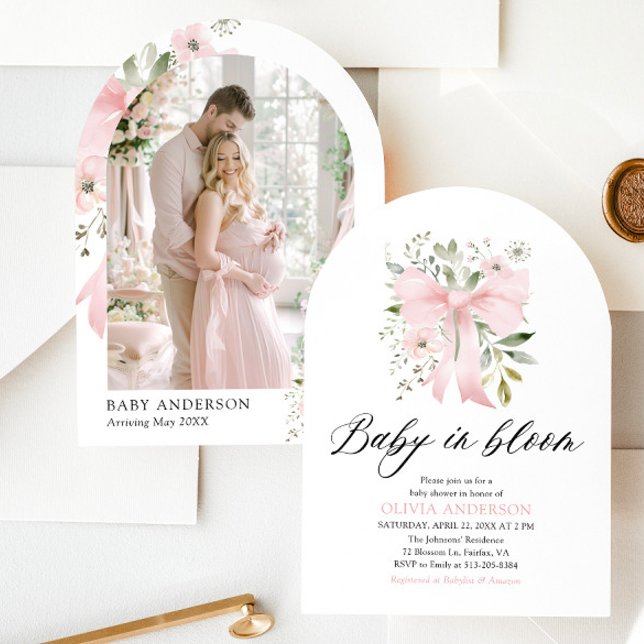 Invitation Bébé rose en fleur Baby shower floral fille (Blush Pink Bow Floral Baby in Bloom Girl Baby Shower Arched Invitation)