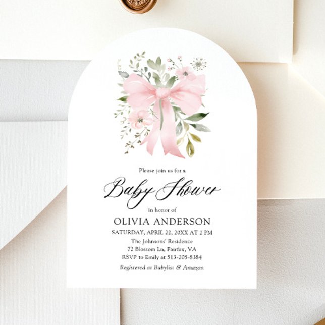 Invitation Bébé rose en fleur Baby shower floral fille (Blush Pink Bow Floral Girl Baby Shower Arched Invitation)