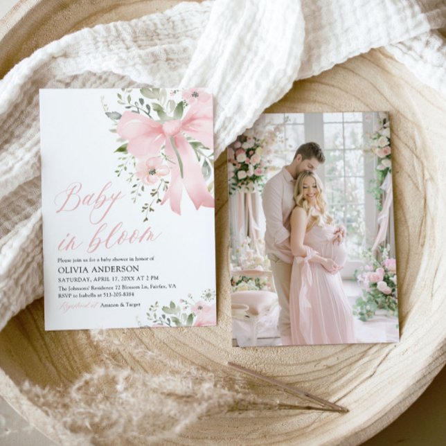 Invitation Bébé rose en fleur Baby shower floral fille (Watercolor Pink Bow Baby in Bloom Floral Girl Baby Shower Invitation)