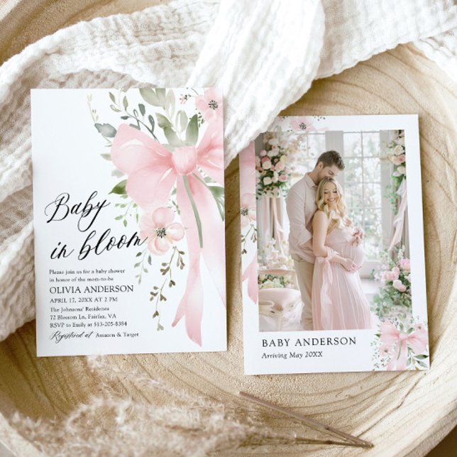 Invitation Bébé rose en fleur Baby shower floral fille (Watercolor Cute Pink Bow Baby in Bloom Floral Girl Baby Shower Invitation)