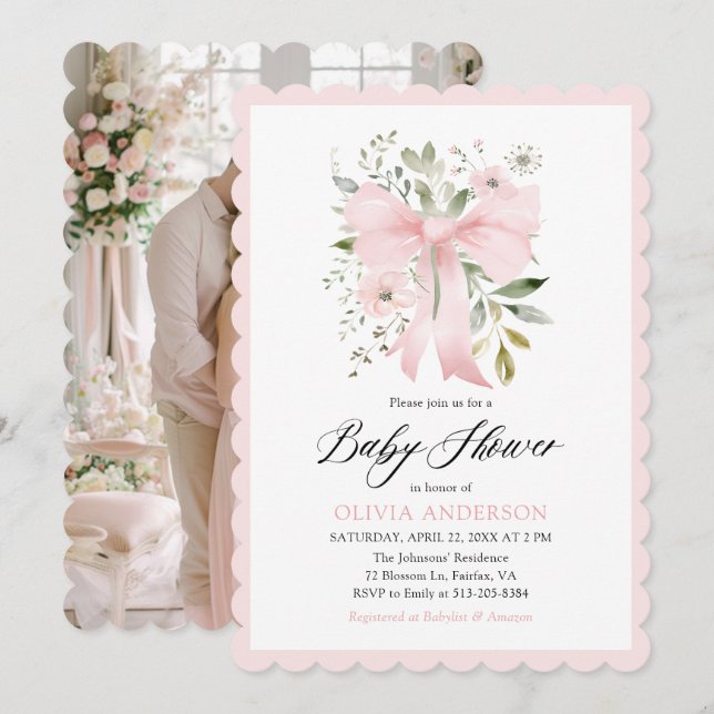 Invitation Bébé rose en fleur Baby shower floral fille (Devant / Derrière)