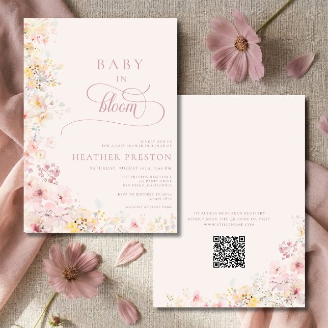 Invitation Bébé Rose En Fleur Code QR Baby Shower (Créateur téléchargé)