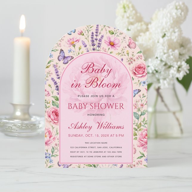 Invitation Bébé Rose en Fleur Fille Douce Jardin Papillons (Créateur téléchargé)