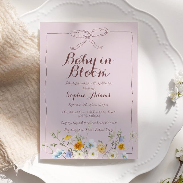 Invitation Bébé rose en fleurs Bow Fleur sauvage Baby shower  (Créateur téléchargé)