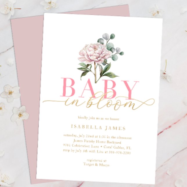 Invitation Bébé rose et or en fleurs Floral Baby Show (Baby In Bloom Baby Shower Invitation)