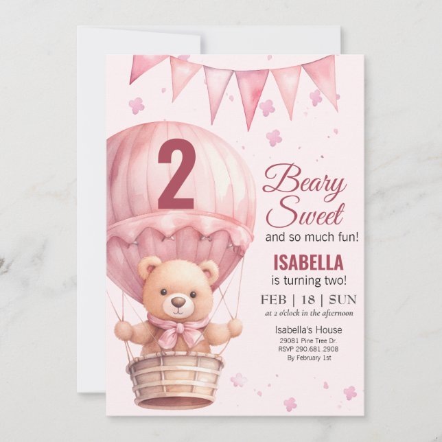 Invitation Bébé rose Fille Air Ballon Teddy Ours Anniversaire (Devant)