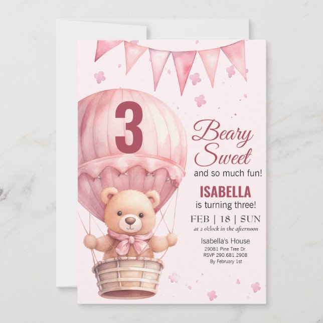 Invitation Bébé rose Fille Air Ballon Teddy Ours Anniversaire (Devant)