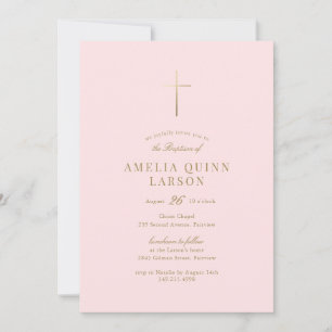 Invitation Bébé rose Fille Simple Élégant Croix d'or Baptême