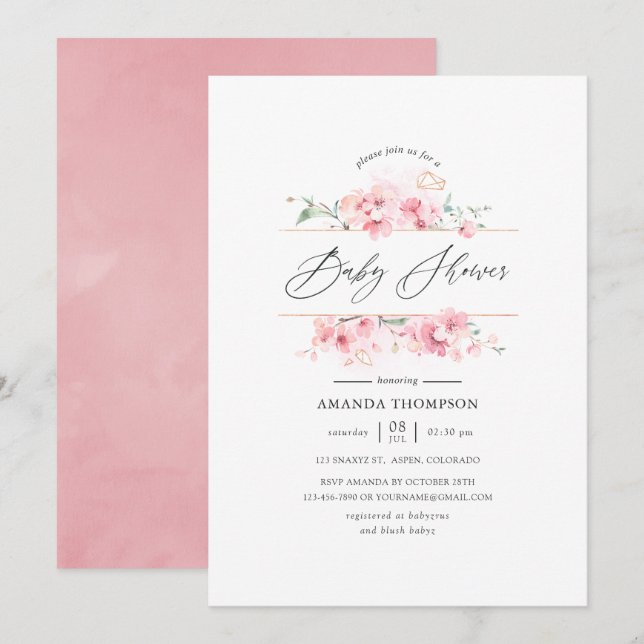 Invitation Bébé Rose Fleur de Cerisier Géométrique Shower (Devant / Derrière)