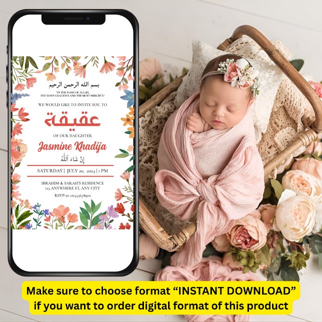 Invitation Bébé rose Fleur sauvage musulman Aqiqah Aqeeqa (Créateur téléchargé)