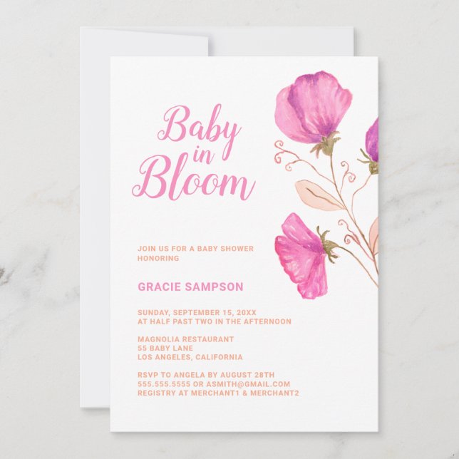 Invitation Bébé rose floral dans le Baby shower en fleur (Devant)