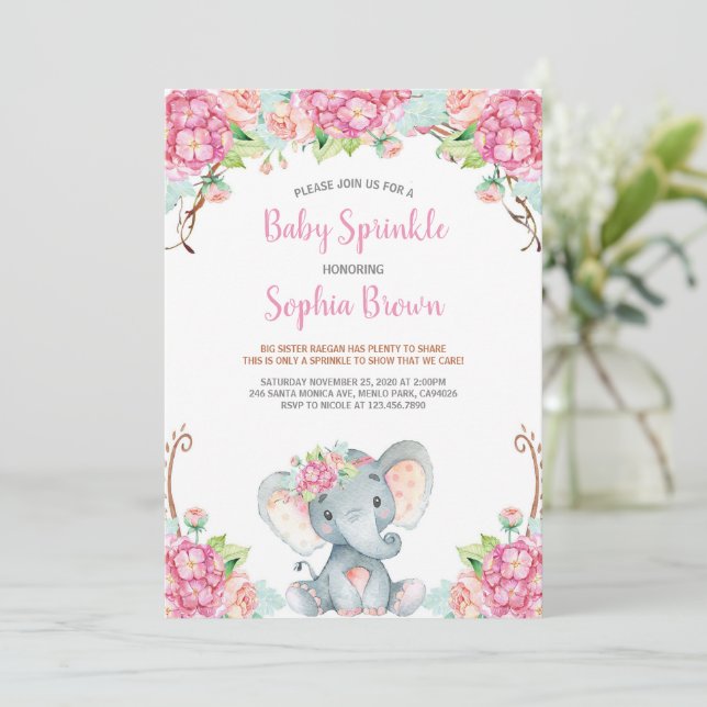 Invitation Bébé rose floral mignon Eléphant Baby shower fille (Debout devant)