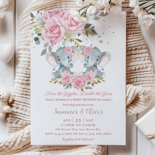 Invitation Bébé rose floral mignon Eléphants Twins Baby showe