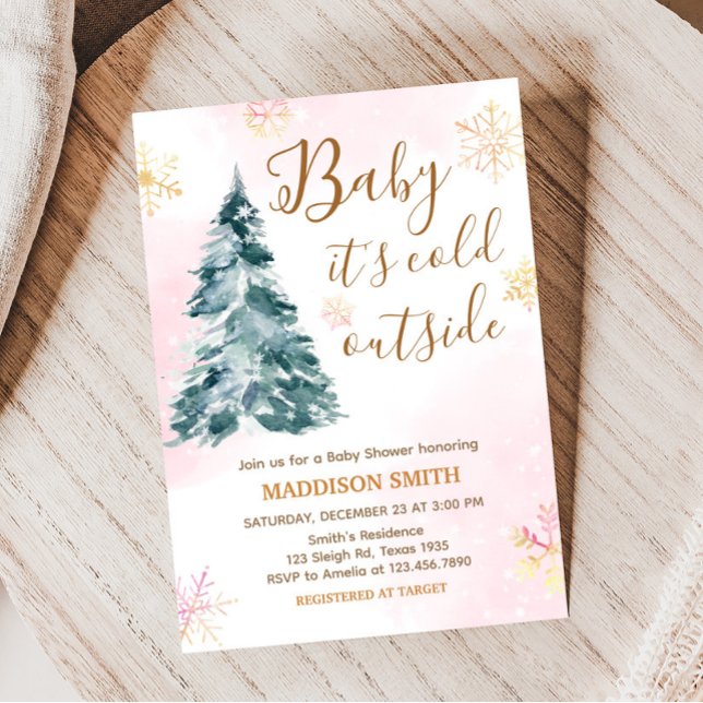 Invitation Bébé rose Il fait froid dehors Baby shower (Pink Gold Winter Cold Outside Baby Shower Invitation)