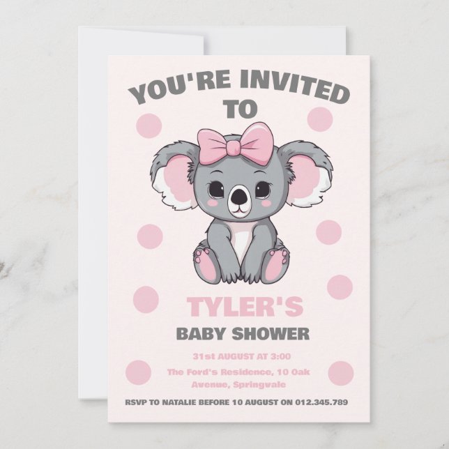 Invitation Bébé rose Koala Ours (Devant)