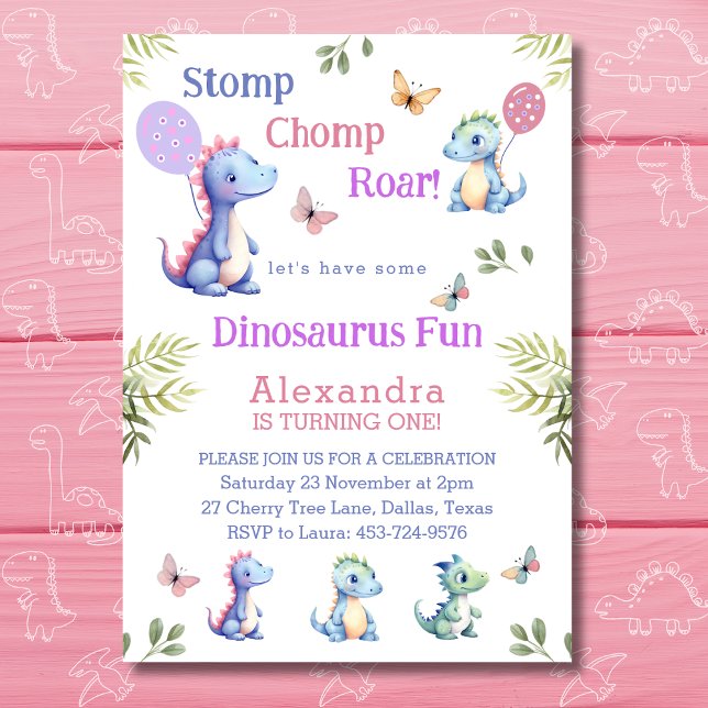 Invitation Bébé rose mignonne fille Dinosaur 1er anniversaire (Créateur téléchargé)