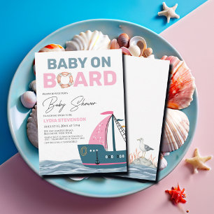 Invitation Bébé rose nautique sur le Baby shower de bord