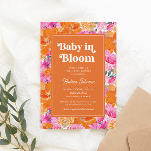 Invitation Bébé rose orange en fleurs Baby shower Floral Retr