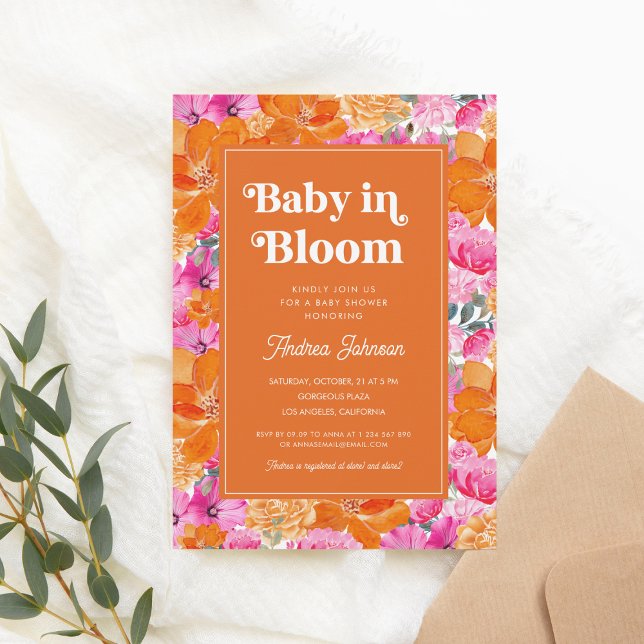 Invitation Bébé rose orange en fleurs Baby shower Floral Retr (Créateur téléchargé)