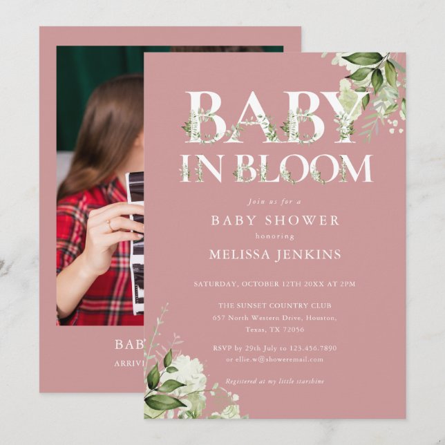 Invitation Bébé Rose Poussiéreuse en Fleur Feuillage Photo Ba (Devant / Derrière)