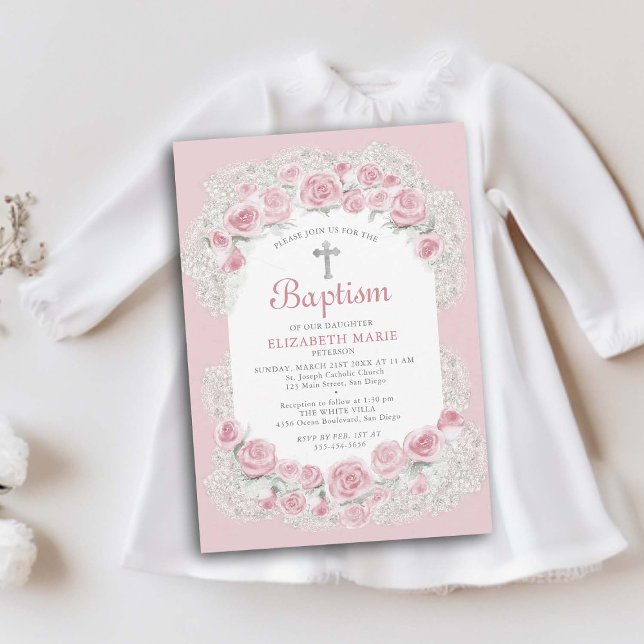 Invitation Bébé rose Respiration rose Blanc Élégant Fille Bap (delicate roses babys breath floral frame baby girl baptism christening invitation elegant classy)