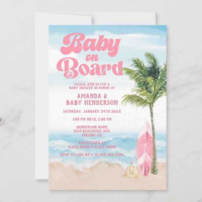 Invitation Bébé rose rétro à bord Baby shower Surf (Devant)