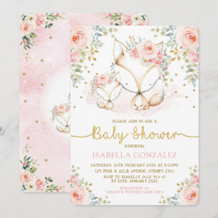 Invitation Bébé rose rose floral boisé Fox fille douche