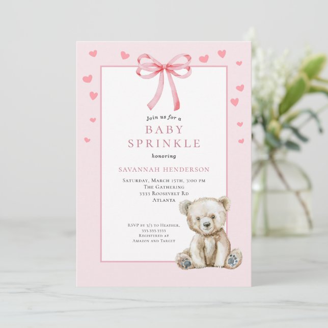 Invitation Bébé Rose Tendre Baptême au Ruban Ourson Mignon (Debout devant)