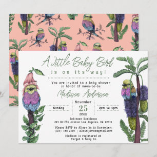 Invitation Bébé Rose Thème Safari Oiseaux Tropicaux Mignons