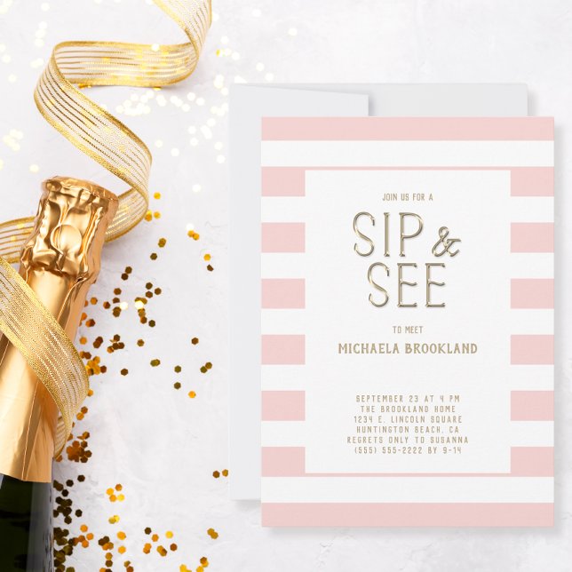 Invitation Bébé rose vif blanc rayé fille Sip et voir (Créateur téléchargé)