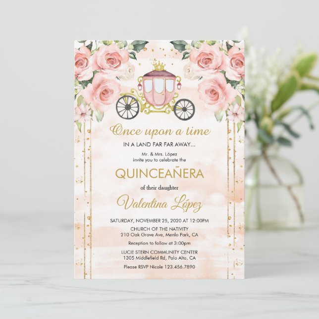 Invitation Bébé Roses Roses Princesse Cinderella Quinceañera (Debout devant)
