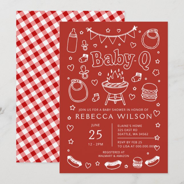 Invitation Bébé rouge Q Barbecue Grill Baby Shower  (Devant / Derrière)