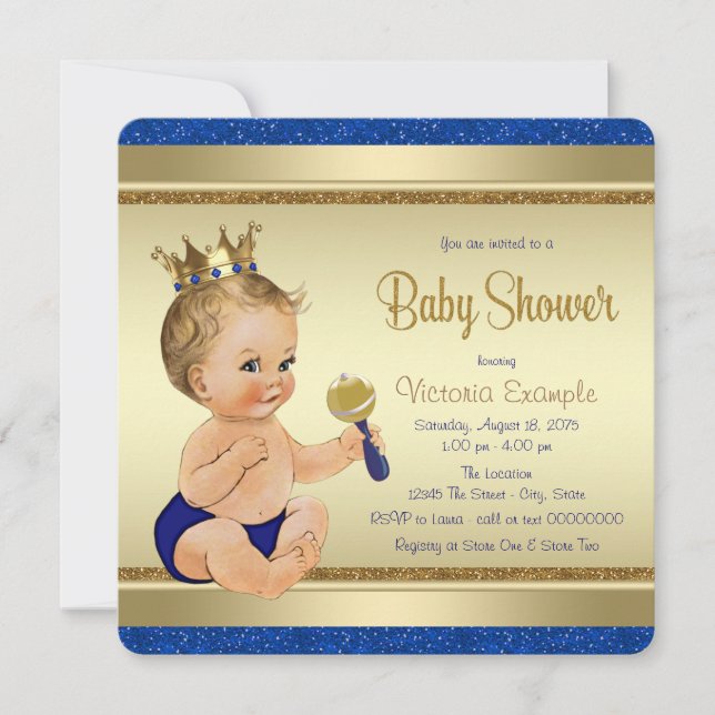 Invitation Bébé royal bleu prince doré Baby Shower (Devant)
