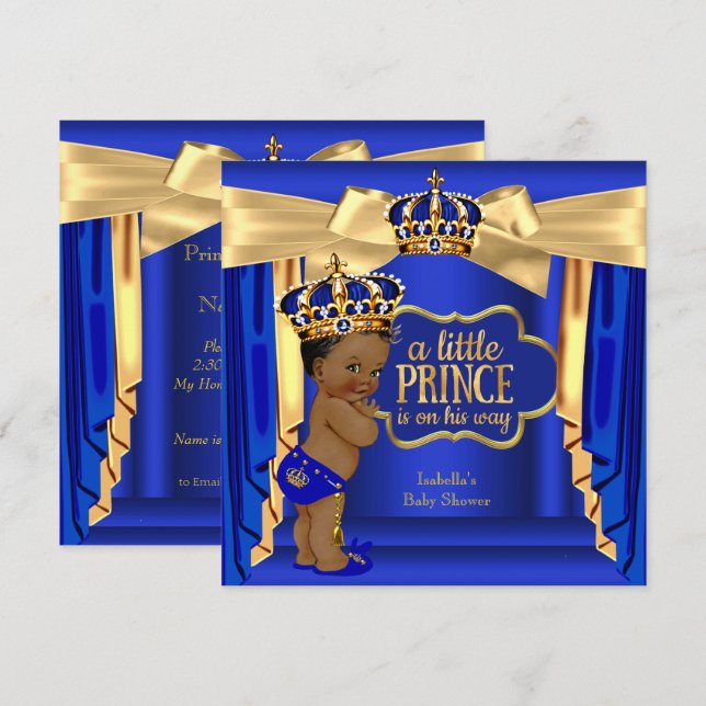 Invitation Bébé Royal Blue Prince Shower Ethnique Couronne d' (Devant / Derrière)