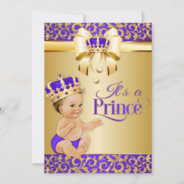 Invitation Bébé Royal Fête Pourpre & Couronne de Prince en Or (Devant)