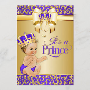 Invitation Bébé Royal Fête Pourpre & Couronne de Prince en Or