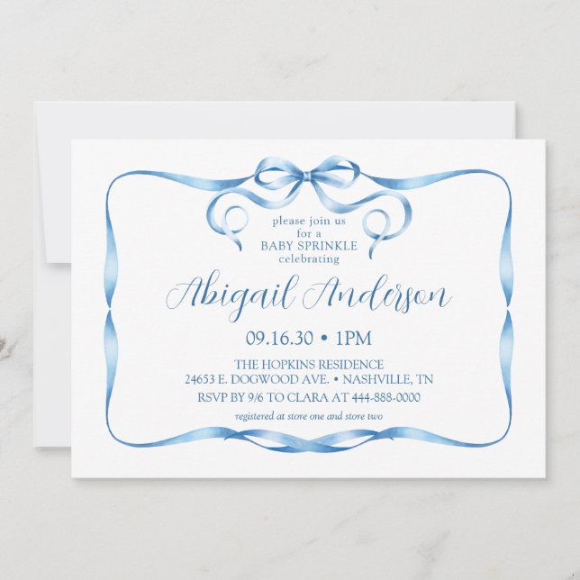 Invitation Bébé ruban aquarelle bleu Baby Sprinkle (Devant)