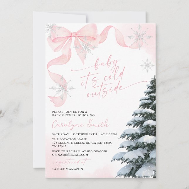 Invitation Bébé Ruban Rose Bébé C'est Froid Dehors Baby Showe (Devant)
