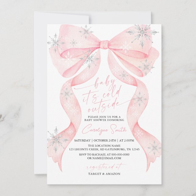 Invitation Bébé Ruban Rose Il Fait Froid Dehors Baby Shower (Devant)