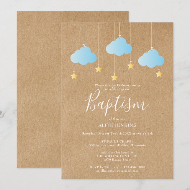 Invitation Bébé rustique Baptême Christening Twinkle Stars (Devant / Derrière)