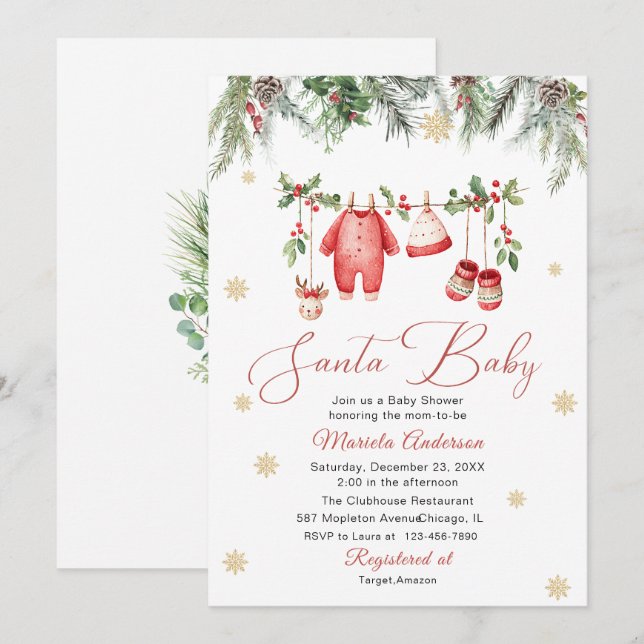 Invitation Bébé Santa aquarelle Hiver  Fête prénatale future  (Devant / Derrière)