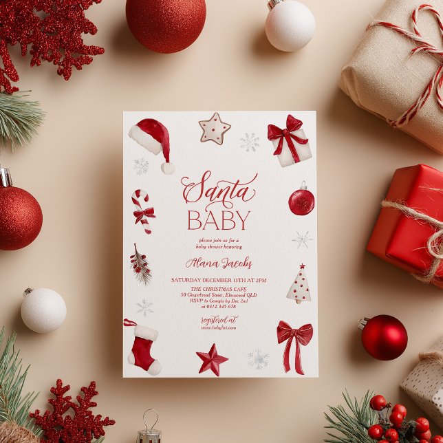 Invitation Bébé Santa Fête de Noël  (Santa Baby! Christmas themed Baby Shower in red and white)