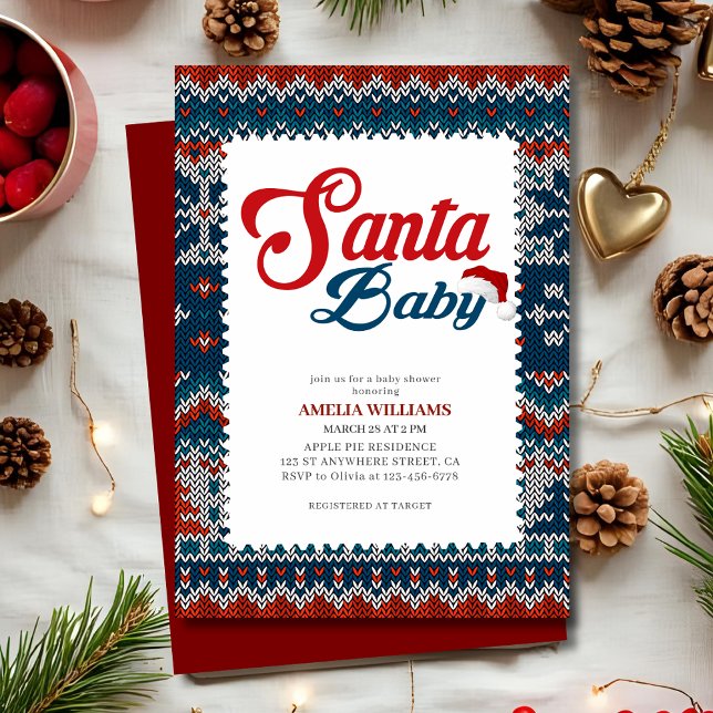 Invitation Bébé Santa Rouge Mignon Fête de Naissance Mixte  (Créateur téléchargé)