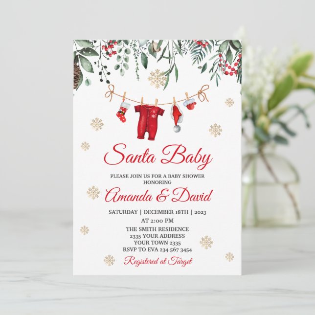 Invitation Bébé Santa rouge tenue de Noël linge bébé Shower (Debout devant)